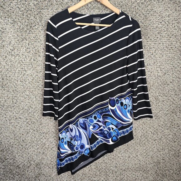 Chicos Travelers Top Womens 0 US Small Black Blue Tunic Scoop Neck Striped - Picture 1 of 7